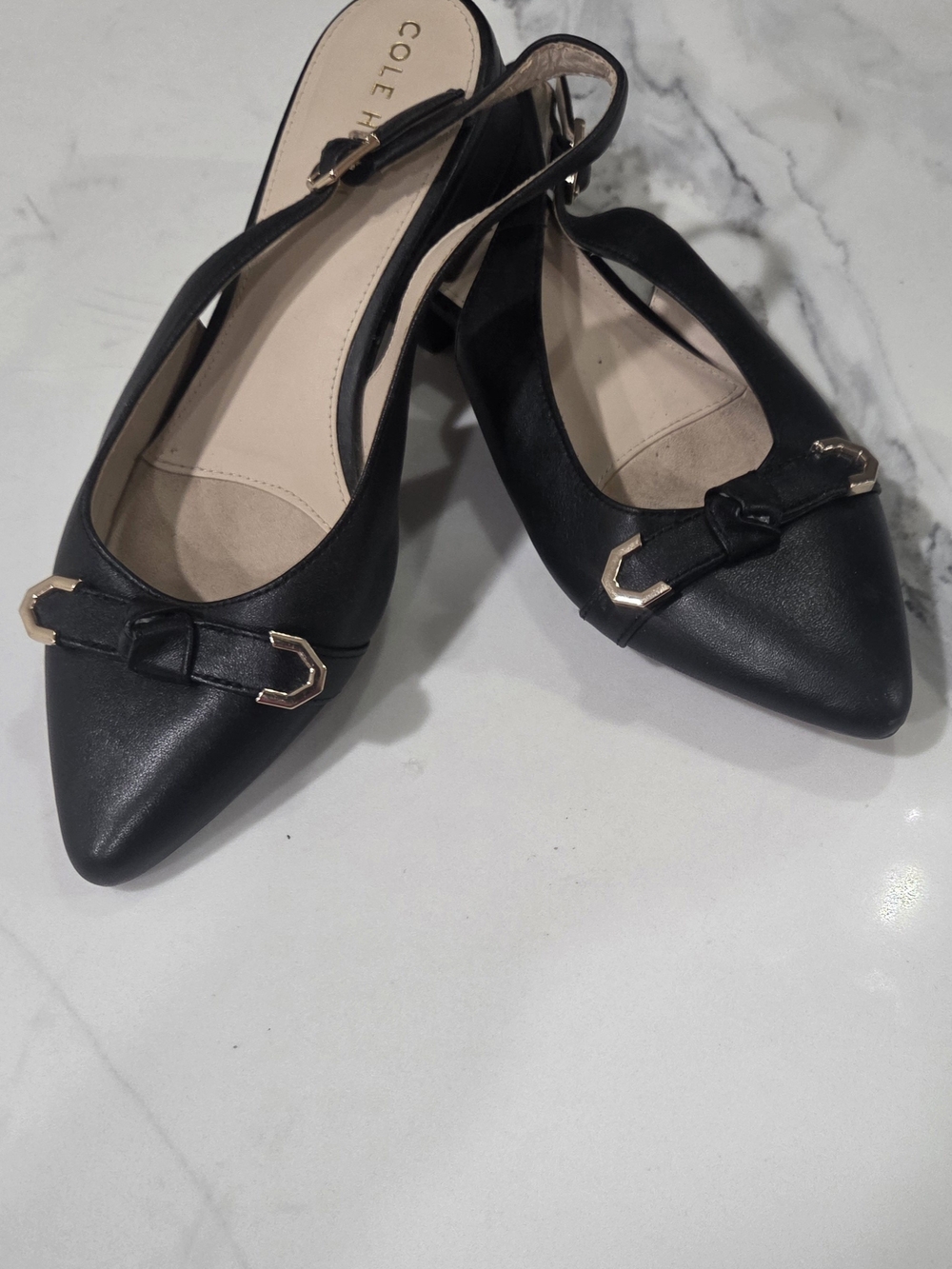 Cole Haan Black Pointed Slingback Flats with Gold Accents